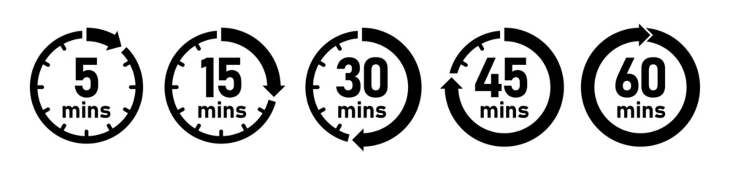 Minute timer icon set. 5, 15, 30, 45 and 60 minutes watch in black and white color. Timer, countdown, clock, stopwatch vector. Flat style.