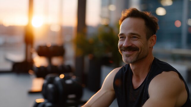 A happy middle-aged man rests after a workout in a gym, sunlight illuminating his face