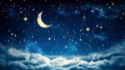 Night sky with crescent moon, stars, and clouds.