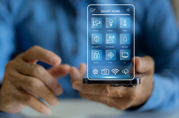 Smart home technology interface on smartphone, home IOT control panel for temperature and energy...