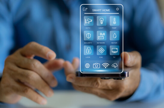 Smart home technology interface on smartphone, home IOT control panel for temperature and energy management, wireless automation system for modern smart living, security, device connectivity app