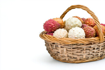 Vibrant basket filled with tropical fruits, showcasing lychees and other exotic varieties, evokes sense of freshness