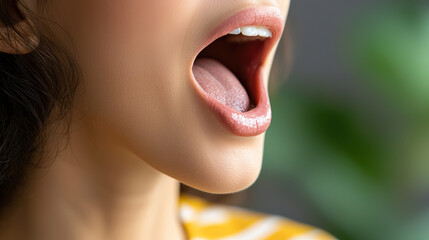 Close up of person expressing vocal articulation with open mouth, showcasing emotion and clarity in speech
