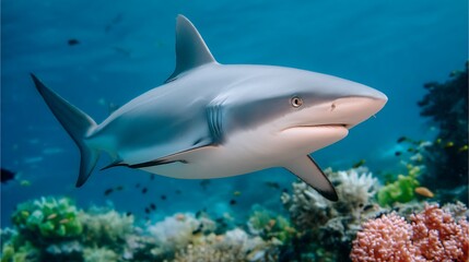 Obraz premium Majestic Shark Swimming Gracefully Through Vibrant Coral Reef