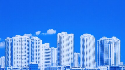 Blue-sky cityscape; modern high-rise buildings