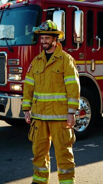Pompier souriant en uniforme jaune devant un camion de pompiers, pouce lev&eacute;

