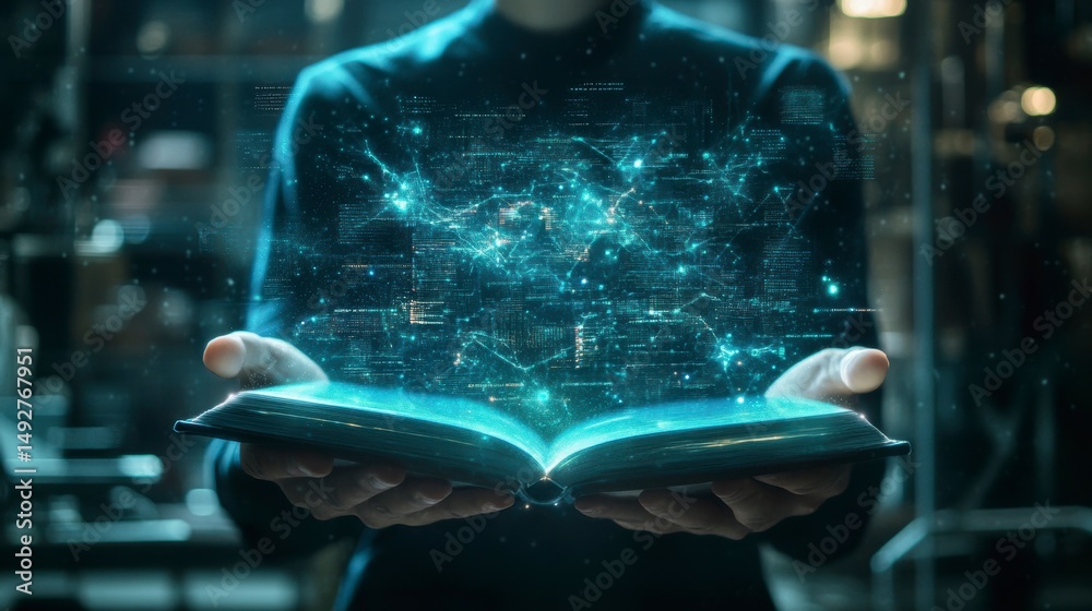 Poster person holding open book with glowing digital network data.