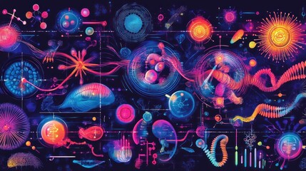 Obraz premium Vibrant, abstract artwork depicting interconnected bioluminescent forms and data streams, suggesting cellular or cosmic processes