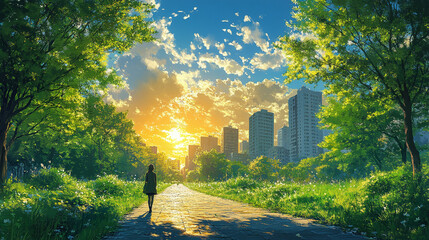 the harmony of the sunset city and the forest