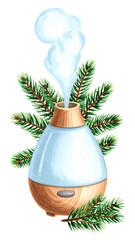 Forest-Inspired Aromatherapy Diffuser with Pine Needles & Mist – Isolated on White (Transparent BG, Zen Relaxation, Woodland Spa Vibes)