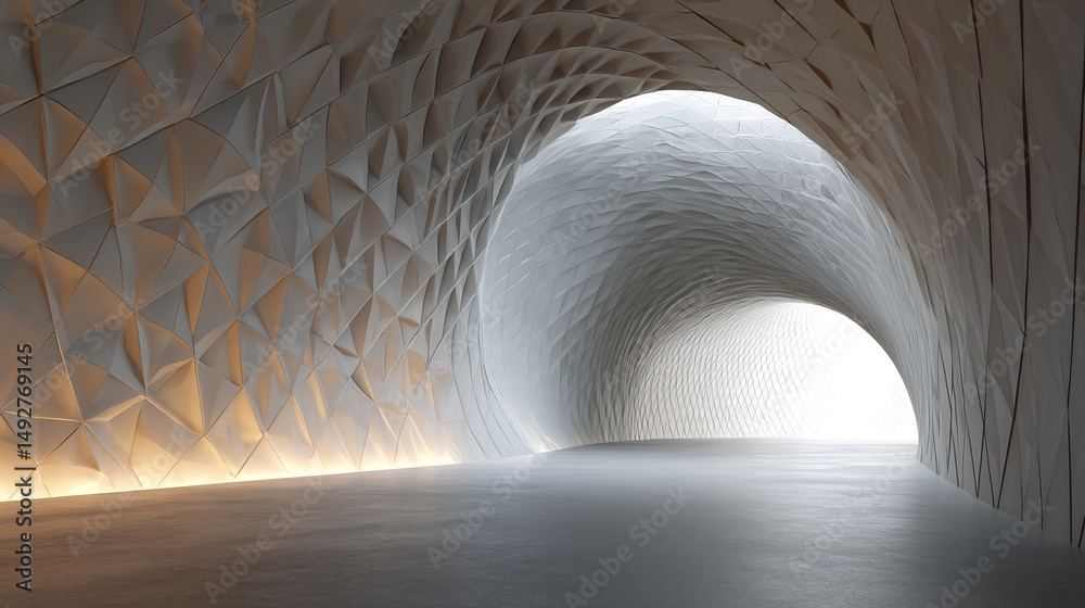 Poster abstract architectural tunnel with white geometric textured walls and floor, showcasing a modern and