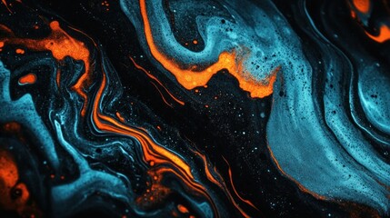 Obraz premium Abstract swirling colors of teal, orange, and black create a mesmerizing, fluid design