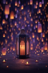 Decorative Lantern with Candles in Dreamy Ambiance Low Angle View Celebration of Light and Warmth in Purple Tones