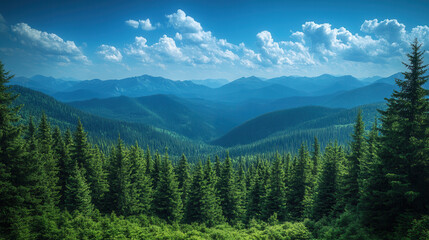 Fototapeta premium wide open blue sky with dense green forest below