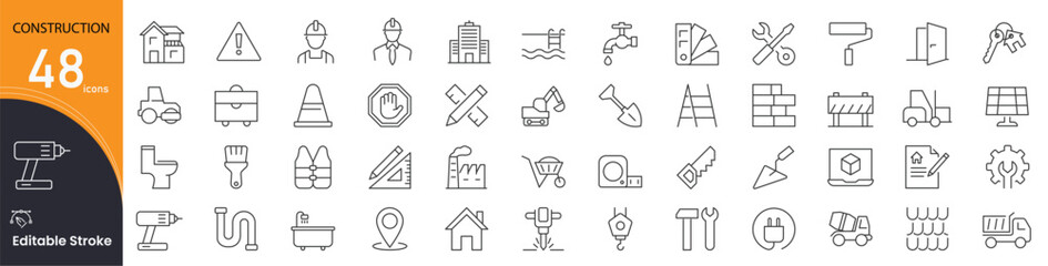 Construction icon set. Building and infrastructure related line icons. helmet, crane, blueprint, hammer, bricks, machinery, tools, safety, architecture, renovation and more. Editable stroke. 