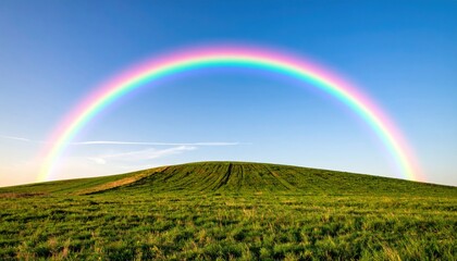 Naklejka premium Spectacular rainbow appears over rolling green hills nature scene vibrant landscape daytime scenic view