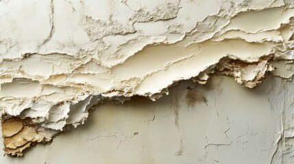 Obraz premium Creamy textured wall surface is peeling from moisture damage, showing many layers. It can illustrate home repair, renovations, or damage from water leaks.