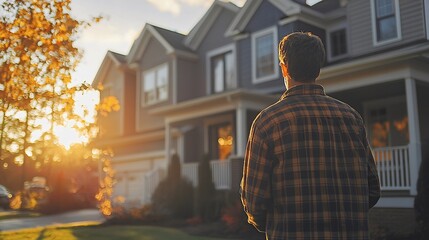 Determined man standing in front of his home while installing wireless security camera during daylight