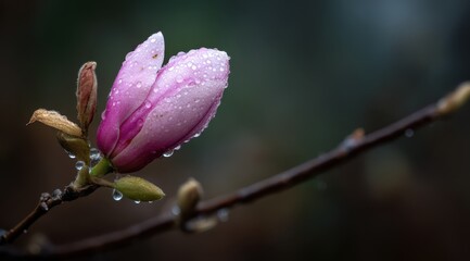 Fototapeta premium A pink magnolia bud adorned with tiny water droplets stands out against a blurred backdrop in a spring garden. The delicate petals hint at the bloom soon to come