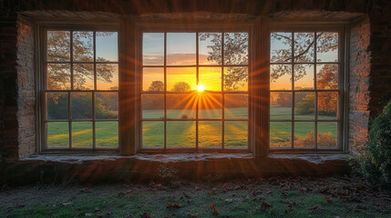 Fototapeta premium Golden sunset casting window-shaped shadows over a peaceful landscape 