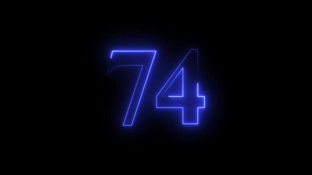 Abstract glowing neon text number countdown icon. 74 text animation by blue  color neon on black background.