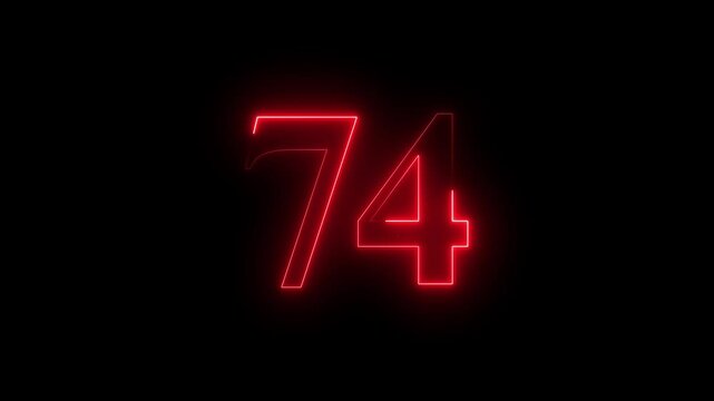 Abstract glowing neon text number countdown icon. 74 text animation by red   color neon on black background.