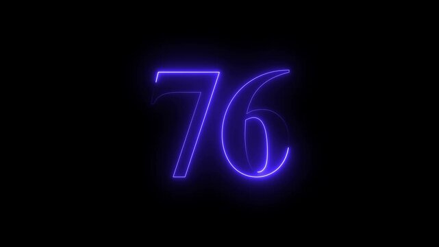 Abstract glowing neon text number countdown icon. 76 text animation by blue  color neon on black background.