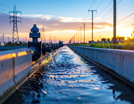 Irrigation water flow at sunset with power lines