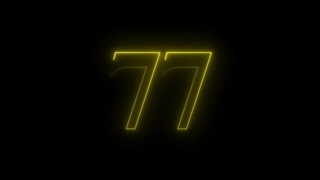 Abstract glowing neon text number countdown icon. 77 text animation by yellow   color neon on black background.