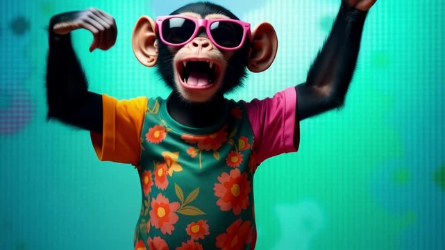 Stylish chimpanzee character wearing sunglasses and patterned blazer dancing on vibrant yellow backdrop. Perfect for marketing campaigns, entertainment content, and fun promotional videos