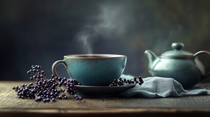 Fototapeta premium Steaming herbal tea in a rustic blue cup and teapot, accompanied by fresh berries on a wooden table