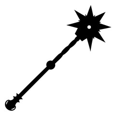 Detailed black vector silhouette of ancient flail with chain and spiked ball on transparent background