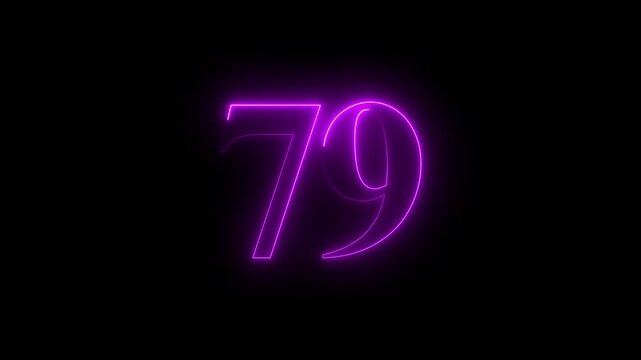 Abstract glowing neon text number countdown icon. 79 text animation by pink   color neon on black background.