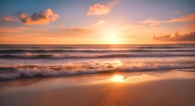 A serene sunset over a calm beach with gentle waves rolling in A serene sunset over a calm beach with gentle waves lapping at the shore 4K