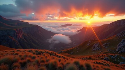 A panoramic view of Bufones de Pria in Spain at dawn, with dramatic clouds over the coastal cliffs.