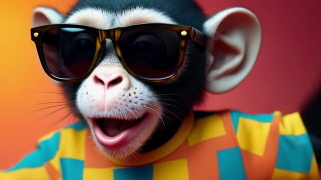 Excited monkey in trendy outfit celebrating with arms wide open against yellow background. Animated character ideal for advertising, social media content and youth-oriented projects.