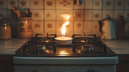 Burning candle on kitchen stove