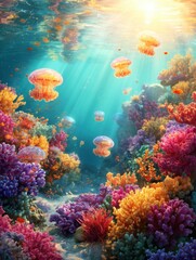 Naklejka premium Underwater scene with jellyfish floating among colorful coral reefs in clear blue water with sun rays shining through