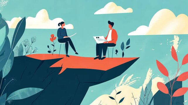 Woman and man sitting on a cliff, working with papers in vector style with teal and orange tones.