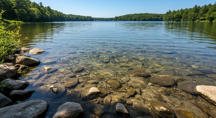 Obraz premium Serene Lake Shore: Crystal Clear Waters and Smooth Rocks