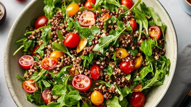 fresh arugula salad with tomatoes and buckwheat in a bowl, healthy lunch or dinner, top view
