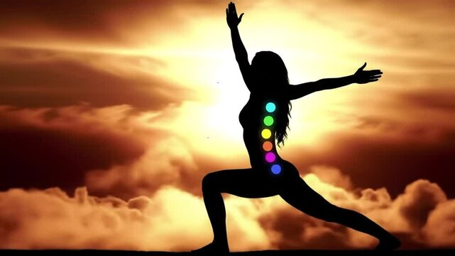 Woman Silhouette in Yoga Pose with Chakra Points at Sunset for Holistic Health and Spiritual Balance