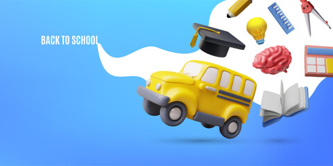 3D Back to School vector banner with flying yellow bus and education symbols on blue background.