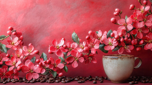 Creative floral pattern mixed with roasted coffee beans on deep red backdrop