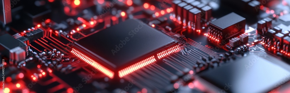 Poster a detailed close-up view of a circuit board showcasing red led lights and microchips. this image rep