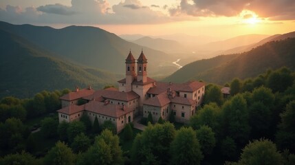 Overhead photo of Fageda d'En Jorda, Spain, at dawn, with cloudy skies and lush forest below.