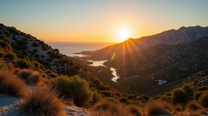 High-quality photo of Valle de Alcudia at dawn, sunny, from a view above.