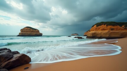 Wide panoramic view of Rodiles Beach at midday, with soft clouds and tranquil waters.