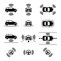 Autonomous Car Icons Set – Self-Driving Vehicles, Electric Robotic Auto, ADAS, AI Car, Auto Pilot System, Smart Sensors, GPS Navigation, and Driverless Technology