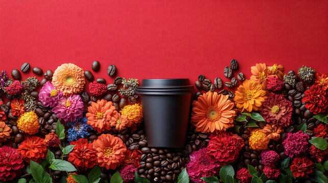 Creative floral pattern mixed with roasted coffee beans on deep red backdrop